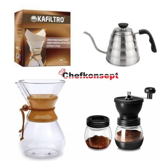 Kahve Demleme Komple Seti - Chemex, Değirmen, İbrik & Filtre